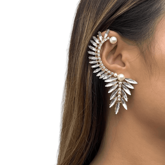 Shining Pearl and Rhinestone Elf Ear Shaped Metal Earrings