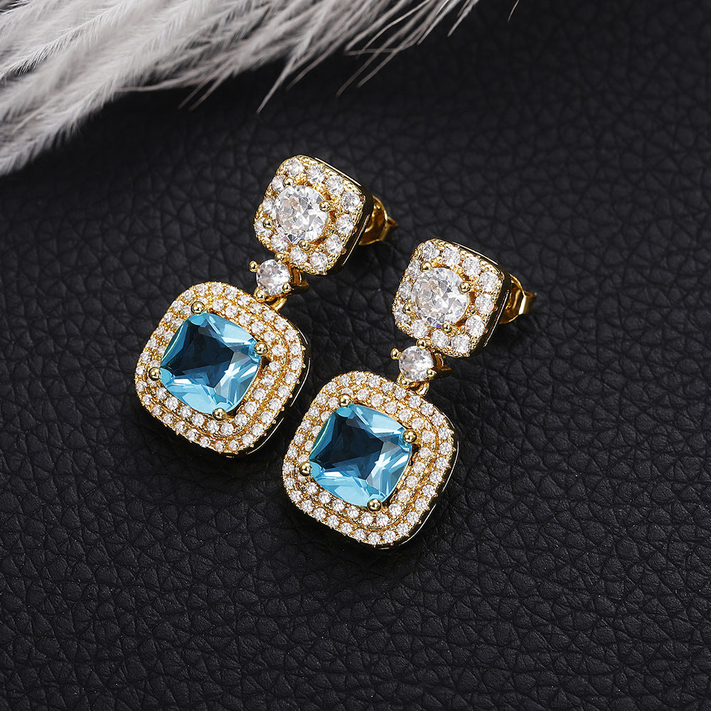 Espoir - Golden and Blue Square Pendant Earrings