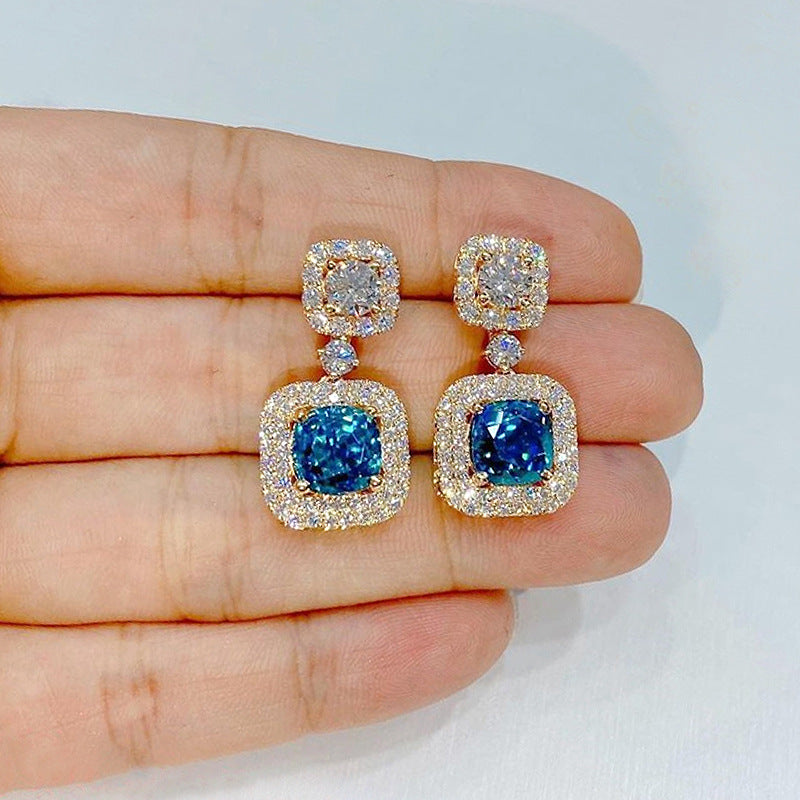 Espoir - Golden and Blue Square Pendant Earrings